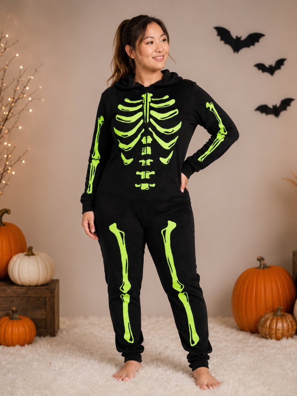 Hyde & EEK! Women's Glow in the Dark Skeleton Hooded One Piece Pajama NWT